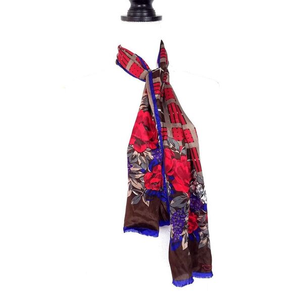 Oscar de la Renta 100% Silk Oblong Rectangular Long Floral Plaid Scarf - Picture 3 of 5